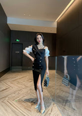 Two-Toned Button Detailed Strappy Off-Shoulder Dress